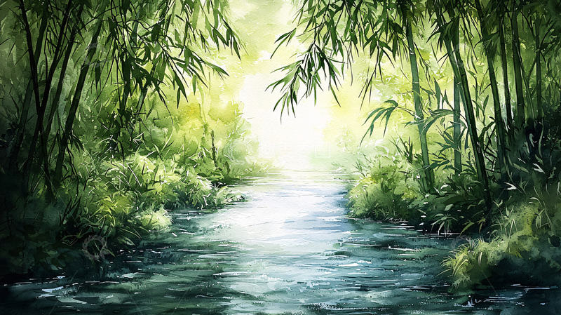 高清大图下载【趣麦麦图】竹林掩映的溪流景色