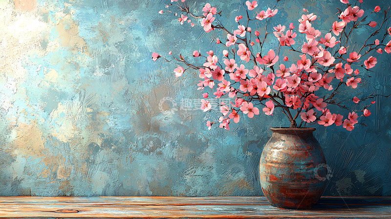高清大图下载【趣麦麦图】粉色花朵陶罐静物画