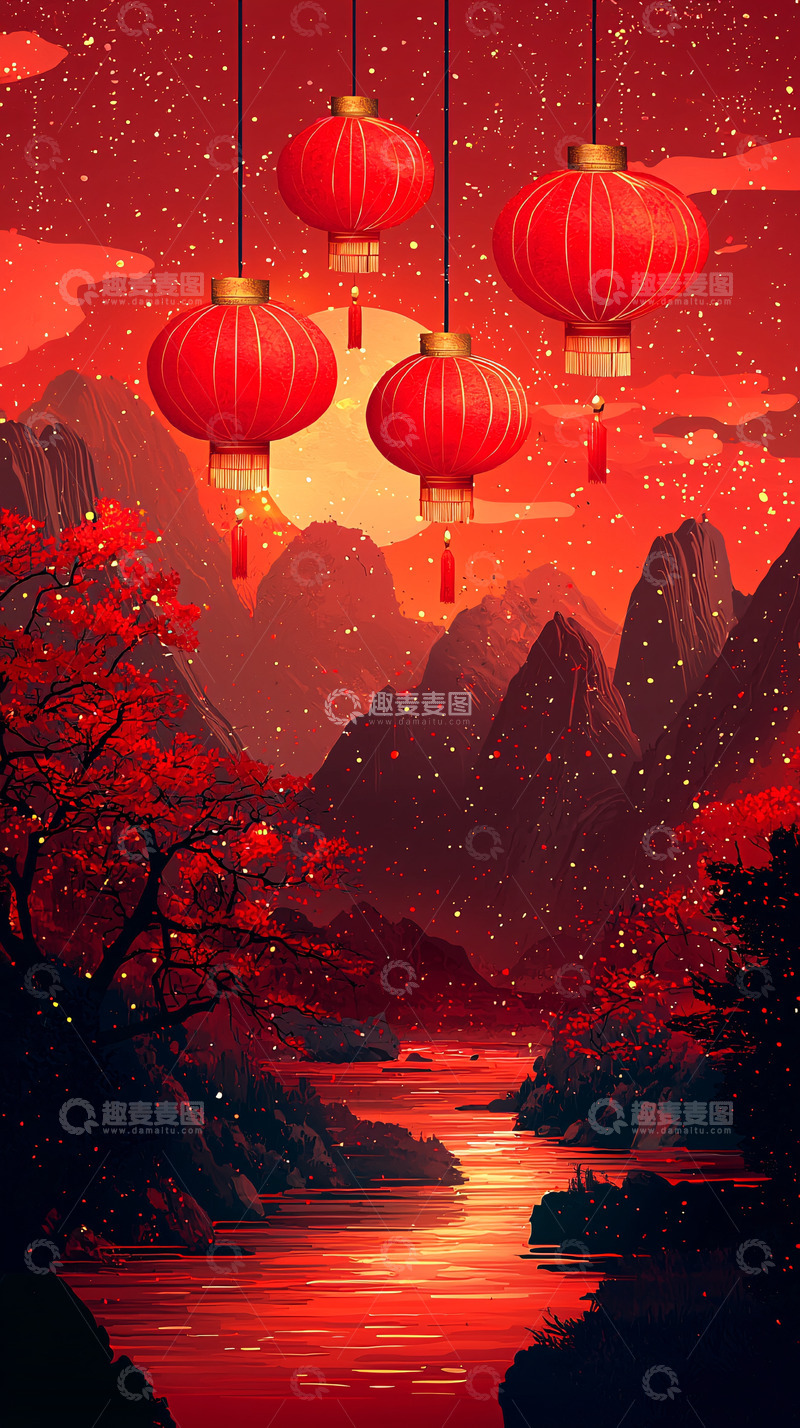 高清大图下载【趣麦麦图】红灯笼山川夜景