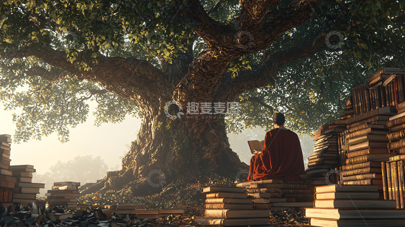 高清大图下载【趣麦麦图】菩提树下僧人阅读