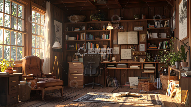 高清大图下载【趣麦麦图】阳光洒进木屋书房