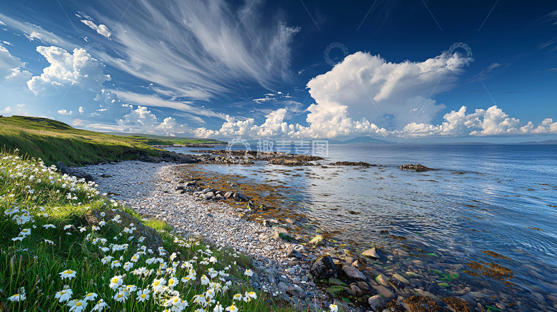 高清大图下载【趣麦麦图】海边草地白花蓝天白云