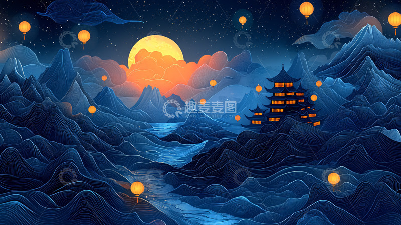 高清大图下载【趣麦麦图】月夜山水国风