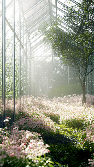 阳光透过玻璃温室洒在花田