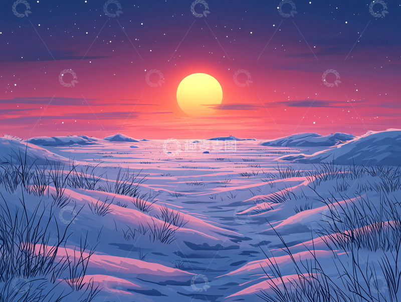 高清大图下载【趣麦麦图】雪地日落的唯美景色