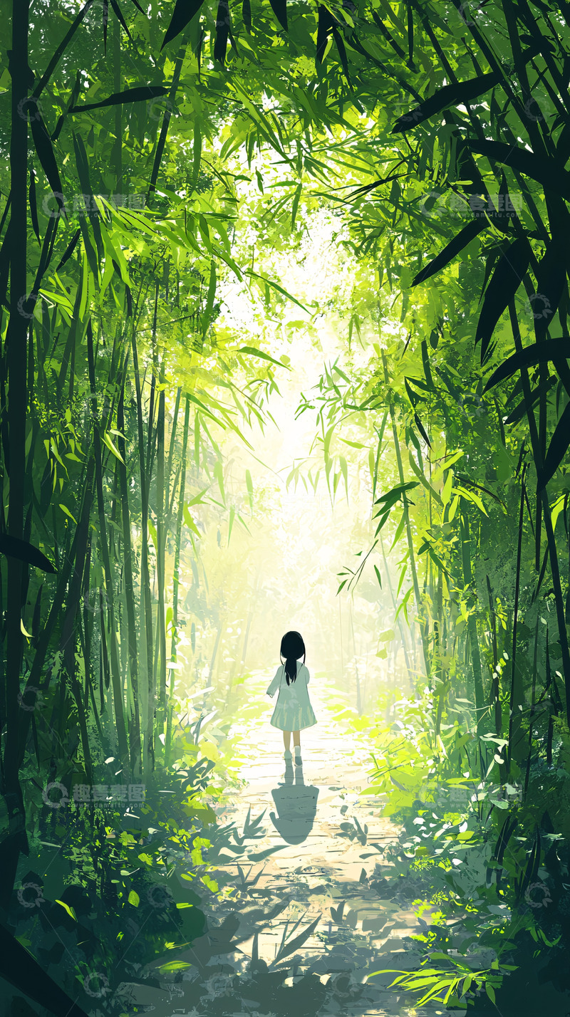 高清大图下载【趣麦麦图】绿竹林中女孩背影