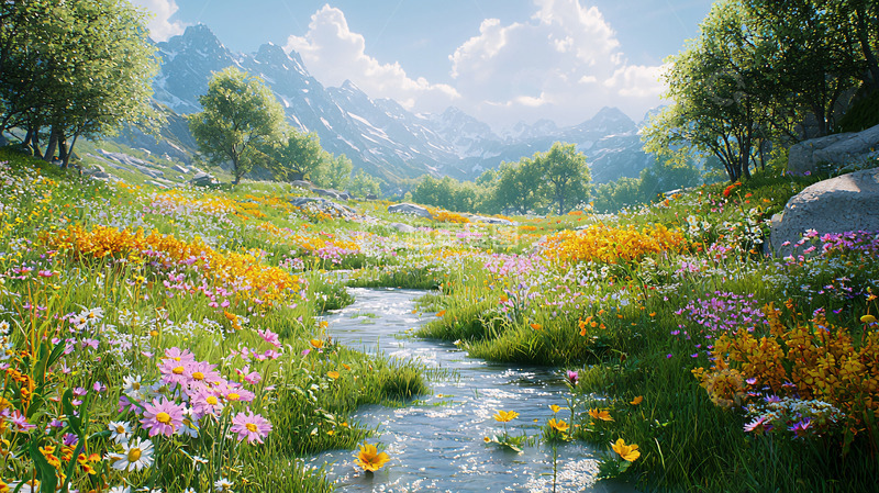 高清大图下载【趣麦麦图】山谷溪流鲜花盛开