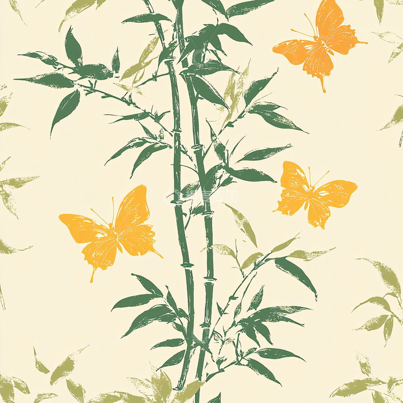 高清大图下载【趣麦麦图】水墨竹子蝴蝶图案