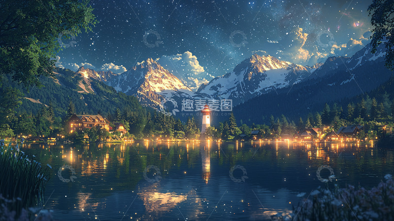 高清大图下载【趣麦麦图】梦幻湖泊山脉夜景