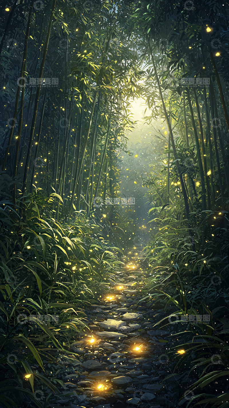 高清大图下载【趣麦麦图】竹林小路萤火虫之夜