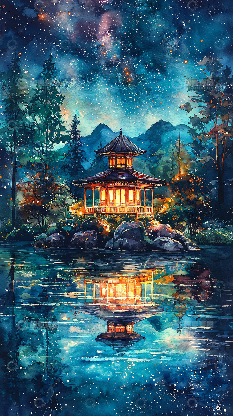 高清大图下载【趣麦麦图】星空下的日式亭台