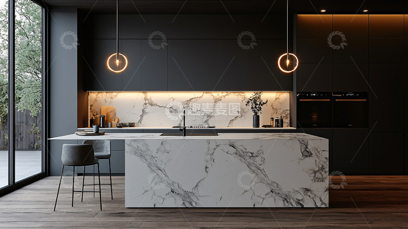 高清大图下载【趣麦麦图】现代极简灰色大理石厨房