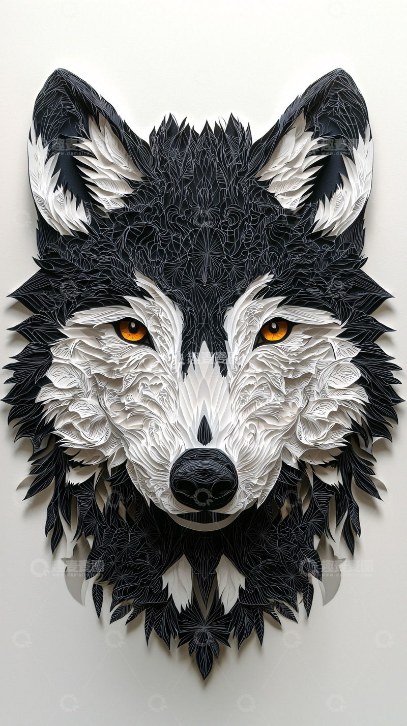 高清大图下载【趣麦麦图】黑白色纸雕狼头像