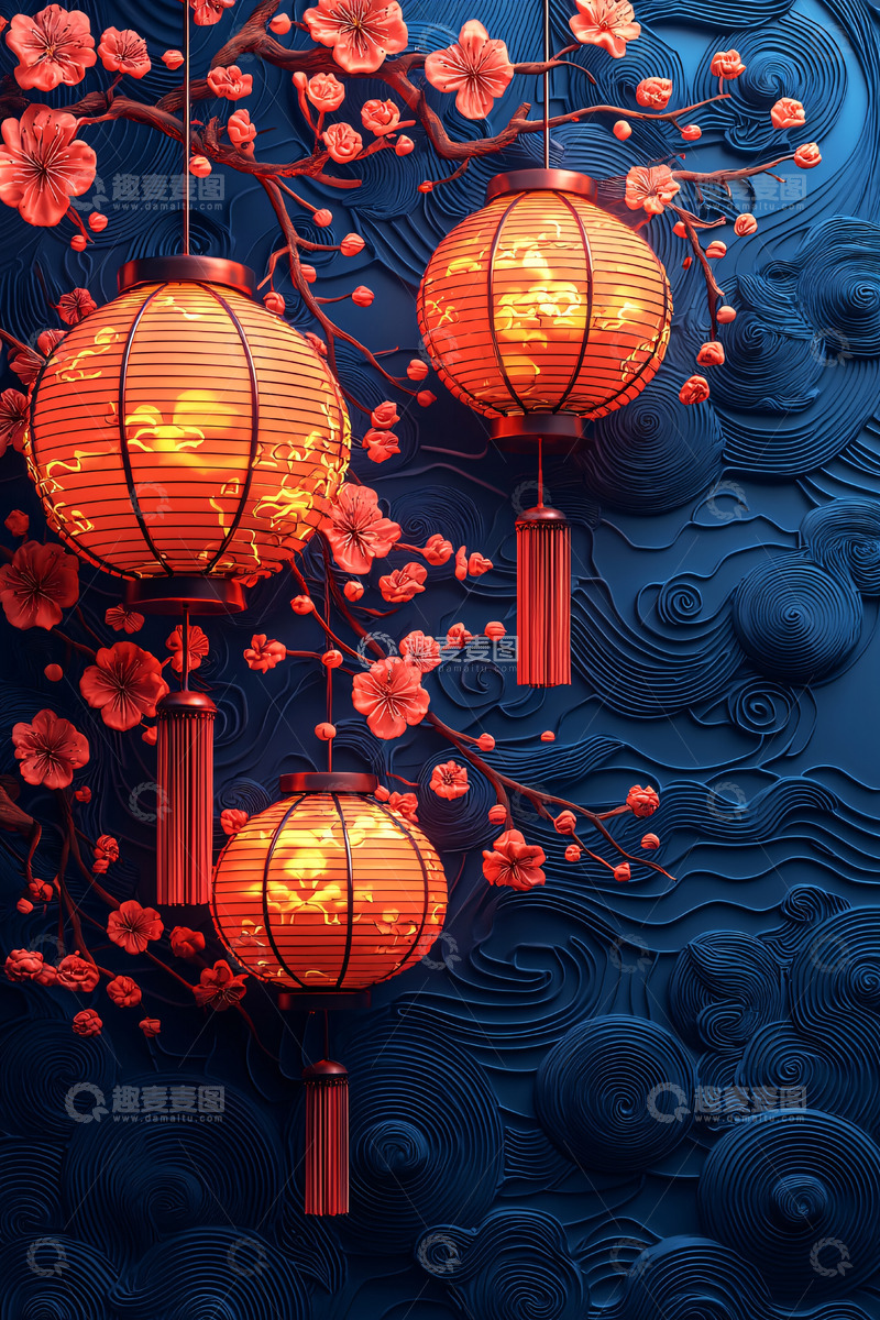 高清大图下载【趣麦麦图】春节灯笼与梅花装饰背景