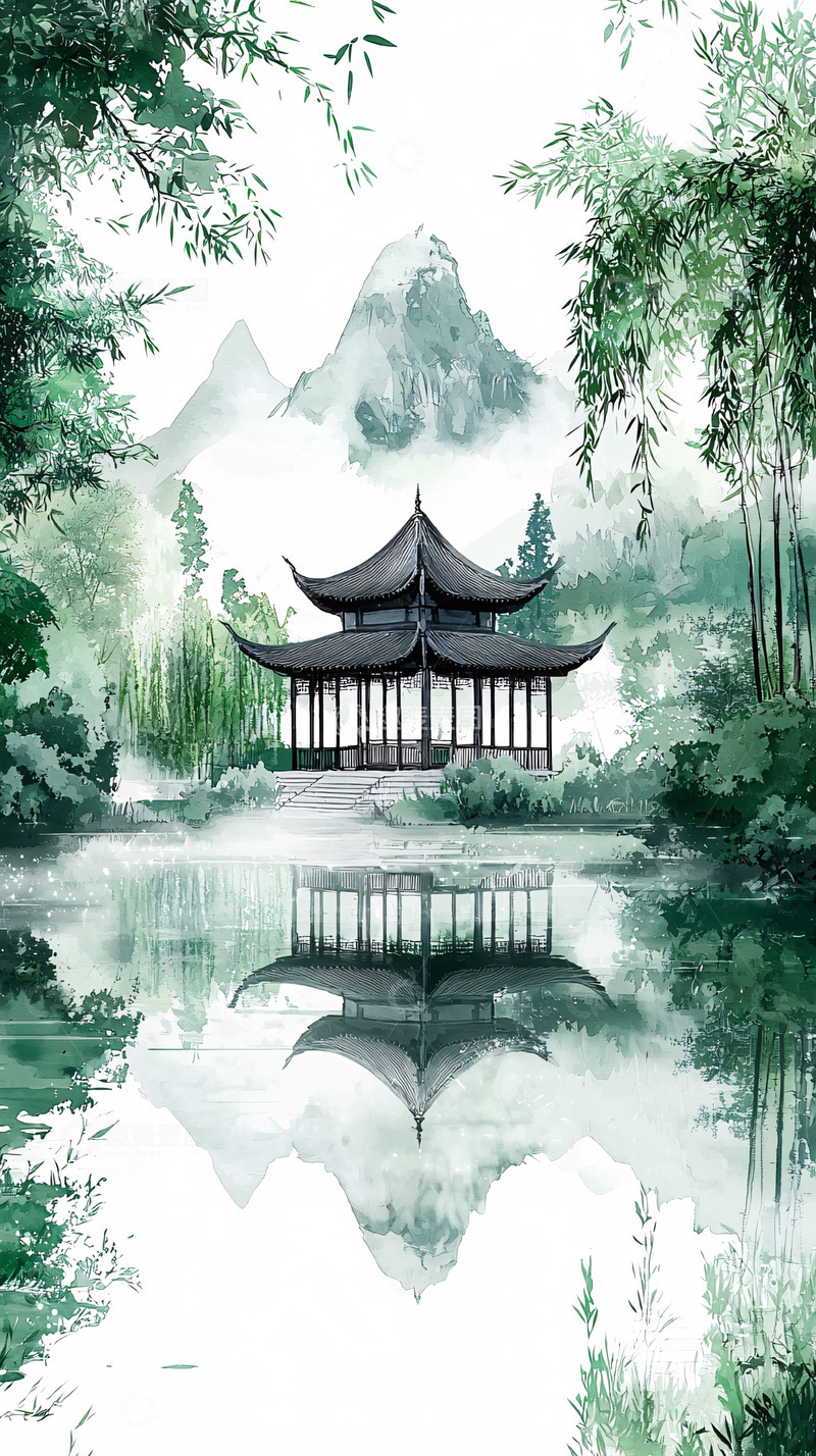 高清大图下载【趣麦麦图】中国风山水亭台倒影