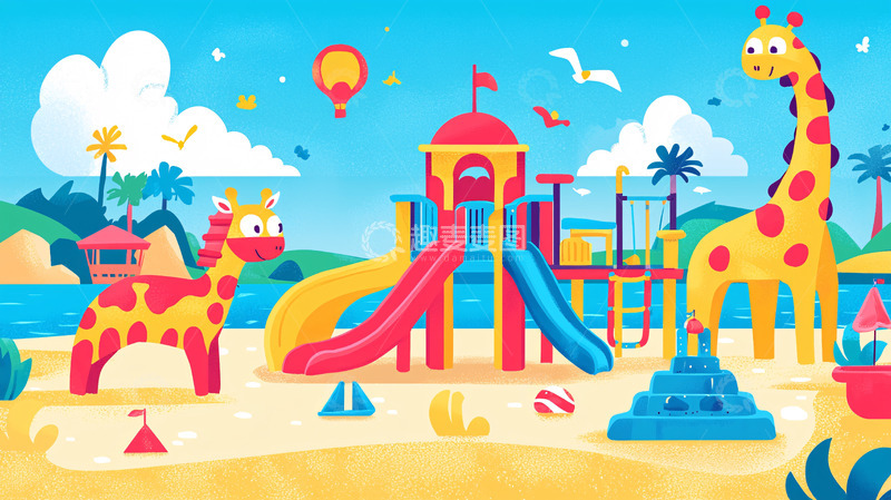高清大图下载【趣麦麦图】卡通儿童沙滩游乐场