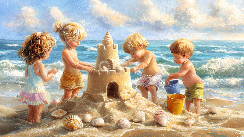 高清大图下载【趣麦麦图】沙滩上孩子们堆沙堡