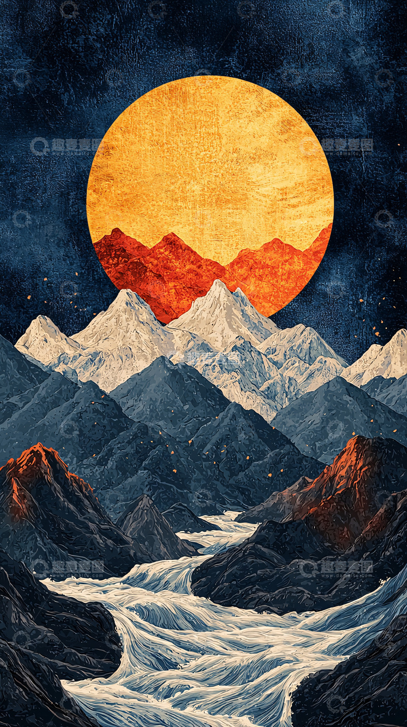 高清大图下载【趣麦麦图】极简风格山川日出图