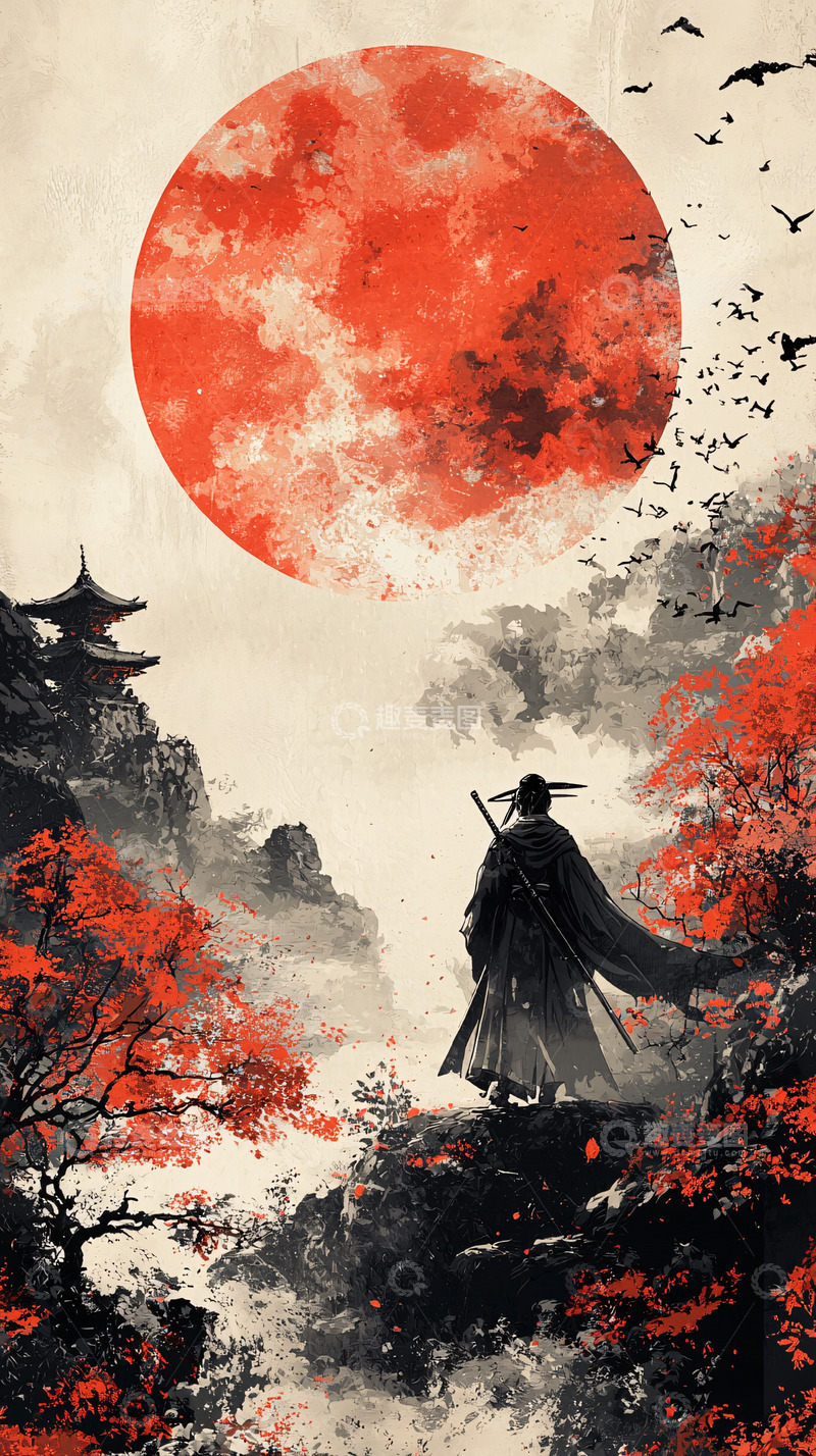高清大图下载【趣麦麦图】红月武士水墨画