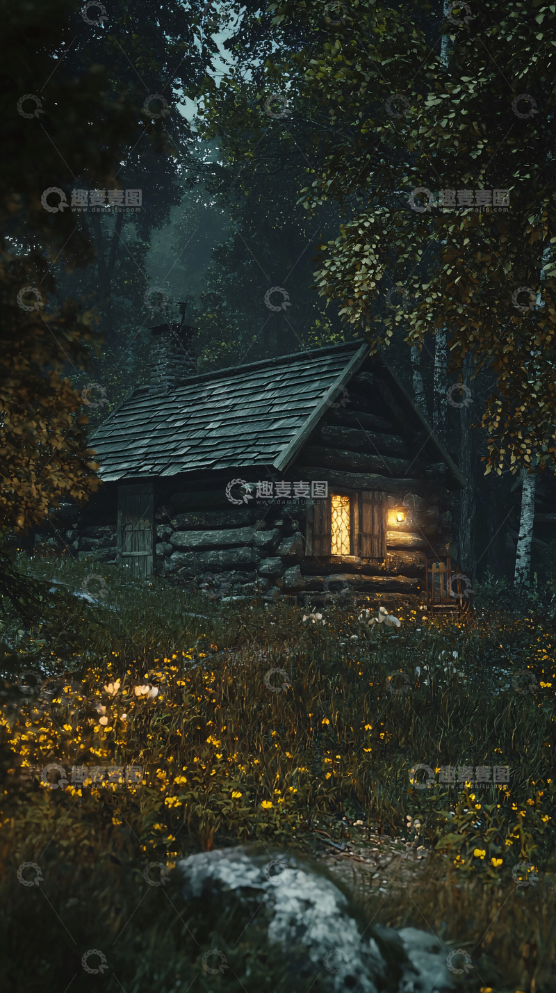 高清大图下载【趣麦麦图】森林小屋夜景