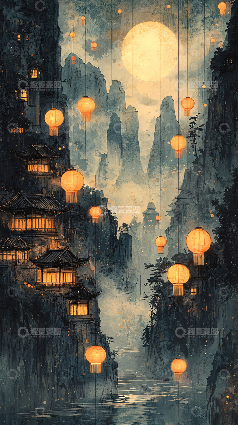 高清大图下载【趣麦麦图】山间灯笼夜景唯美