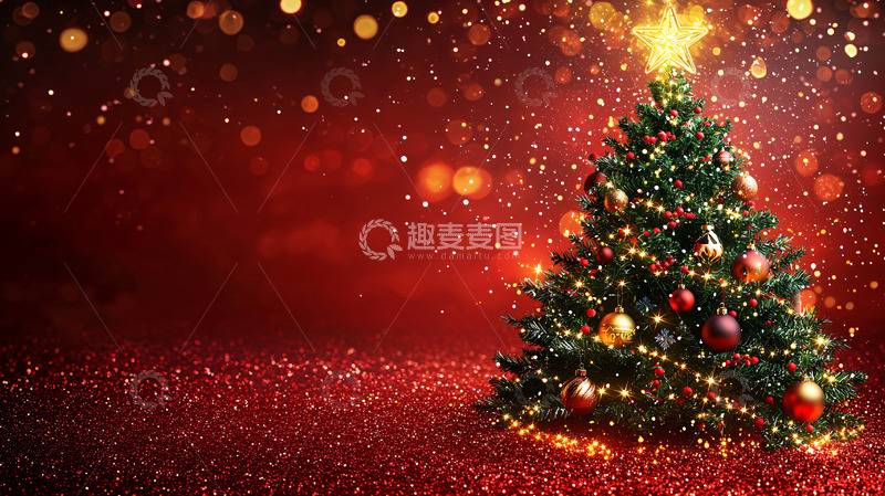 高清大图下载【趣麦麦图】红底闪光圣诞树