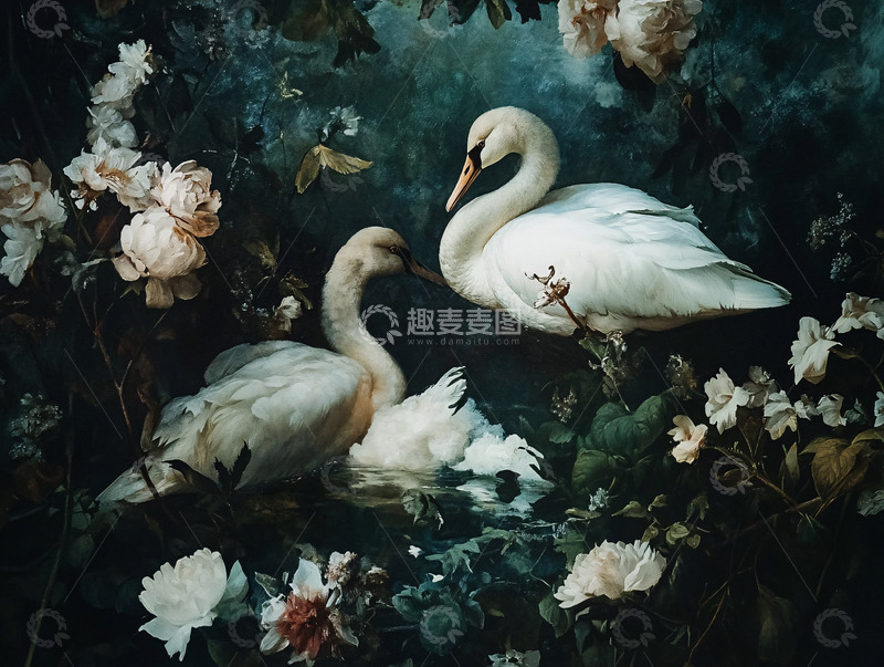 高清大图下载【趣麦麦图】暗黑系浪漫天鹅花卉图