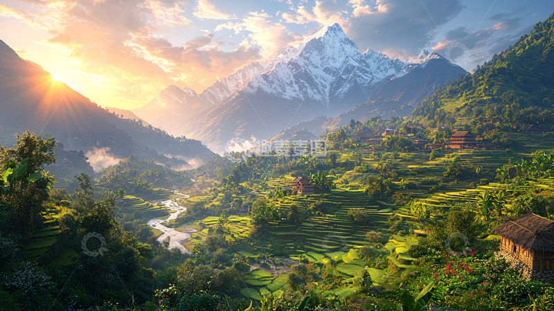 高清大图下载【趣麦麦图】日出雪山乡村景色