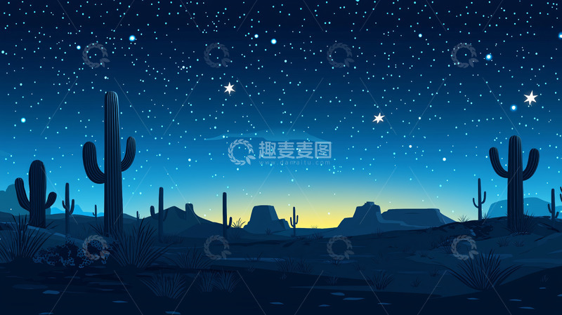 高清大图下载【趣麦麦图】星空下的仙人掌沙漠
