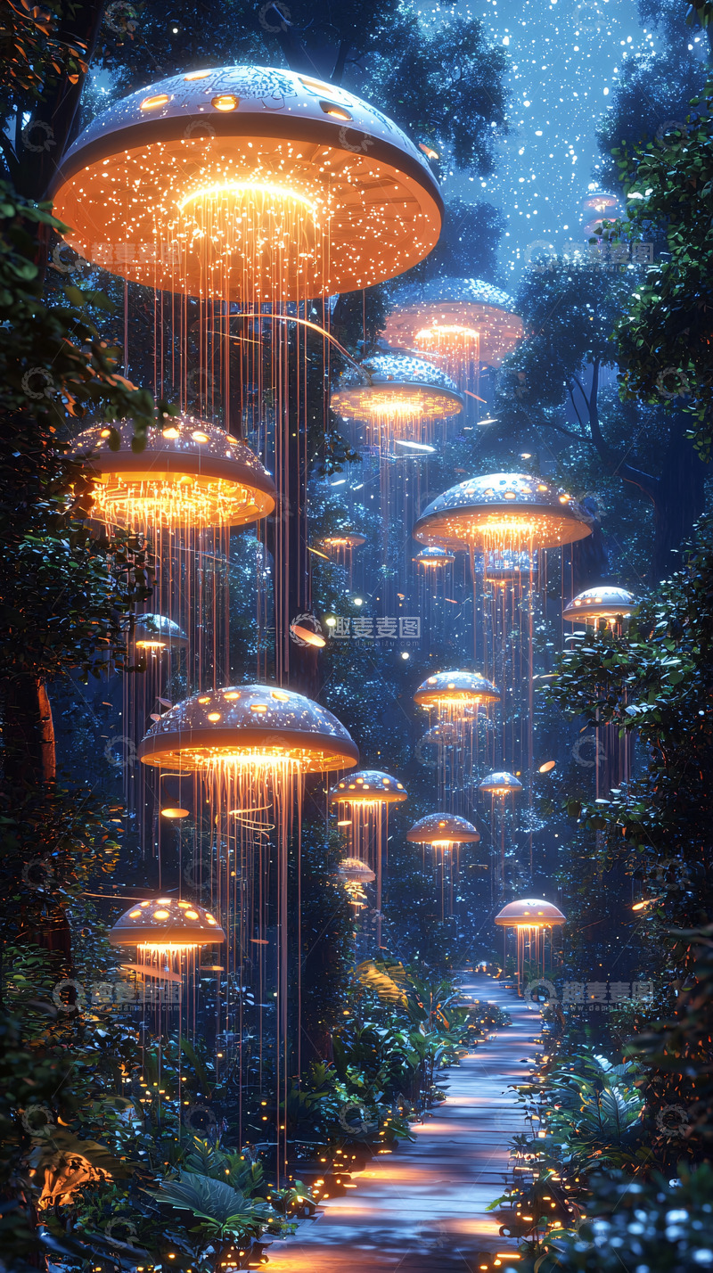 高清大图下载【趣麦麦图】发光蘑菇森林小路