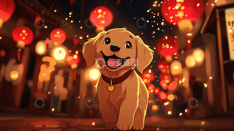 高清大图下载【趣麦麦图】金毛幼犬新年灯笼夜景