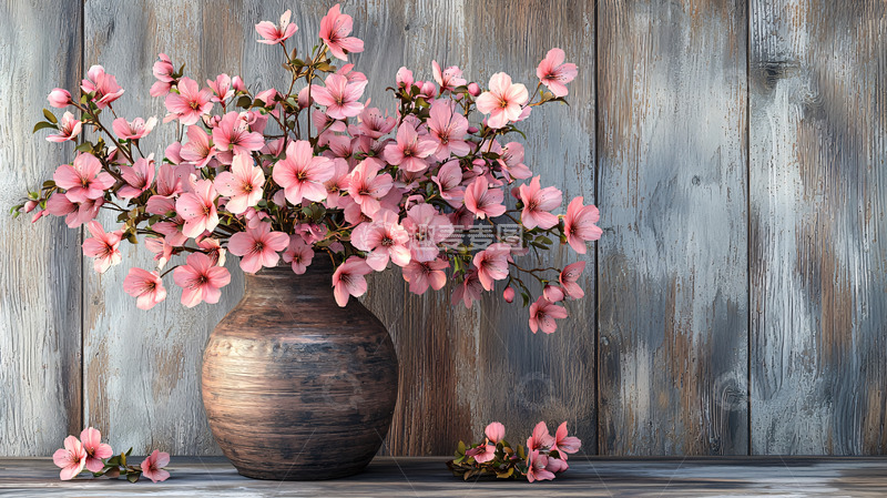 高清大图下载【趣麦麦图】粉色花朵陶罐插花