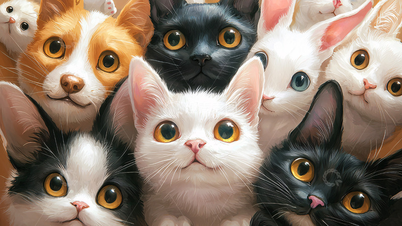 高清大图下载【趣麦麦图】可爱卡通猫咪和兔子