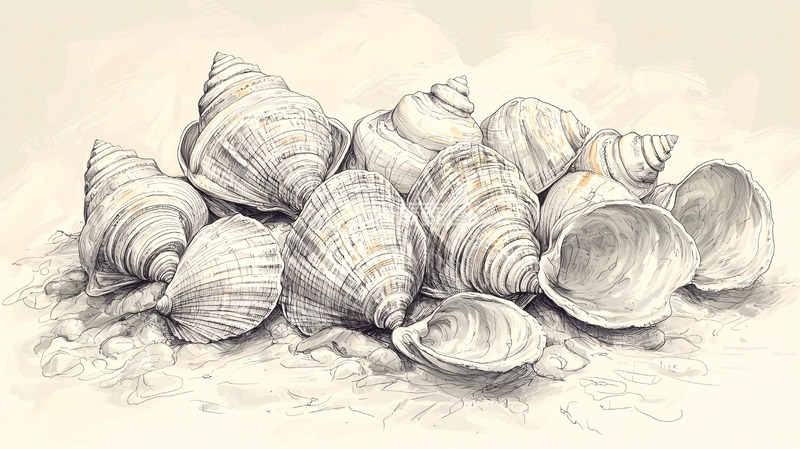 高清大图下载【趣麦麦图】多种海螺贝壳堆叠水彩画