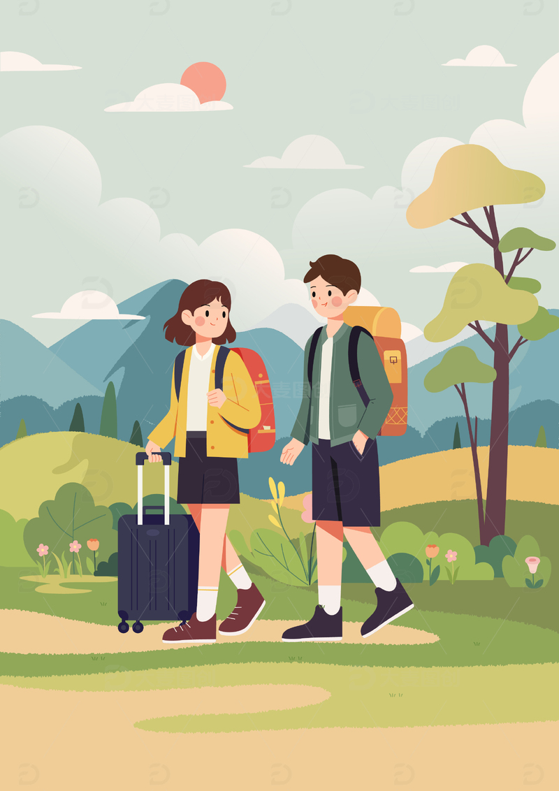 两个人去旅游扁平风插画海报2