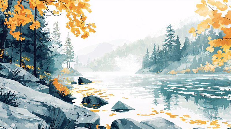 高清大图下载【趣麦麦图】秋日湖边森林景色