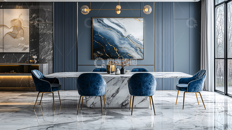 高清大图下载【趣麦麦图】现代轻奢蓝灰色餐厅