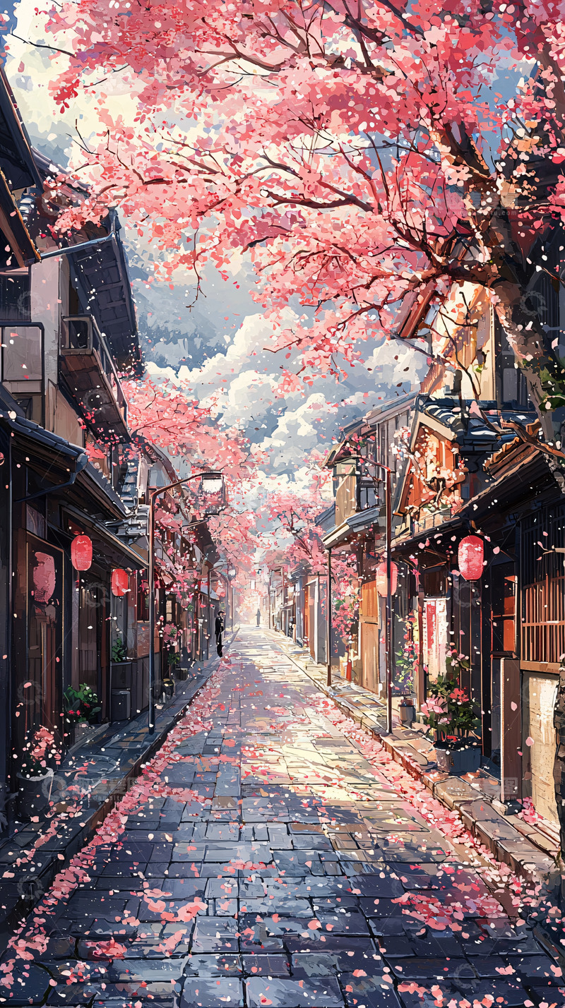 高清大图下载【趣麦麦图】樱花飘落小路街景