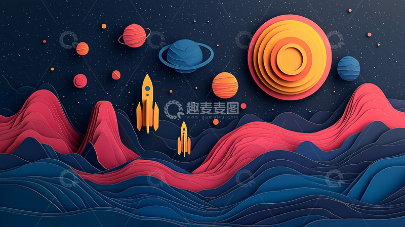 高清大图下载【趣麦麦图】宇宙飞船剪纸星空