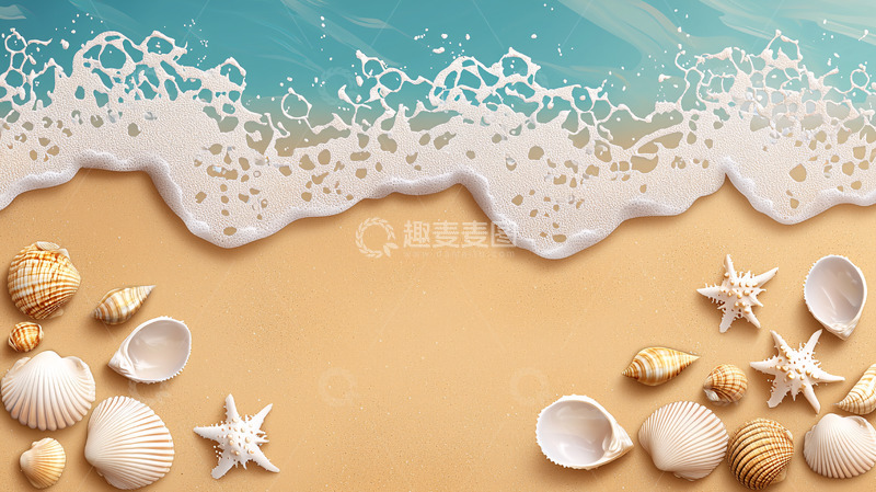 高清大图下载【趣麦麦图】海滩上的贝壳海星与海浪