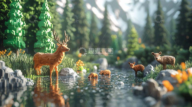 高清大图下载【趣麦麦图】森林小溪鹿群