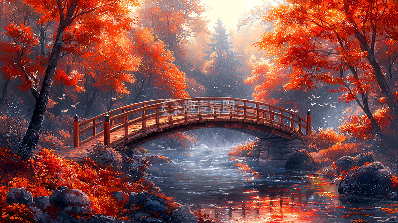 高清大图下载【趣麦麦图】秋日红叶森林小桥流水