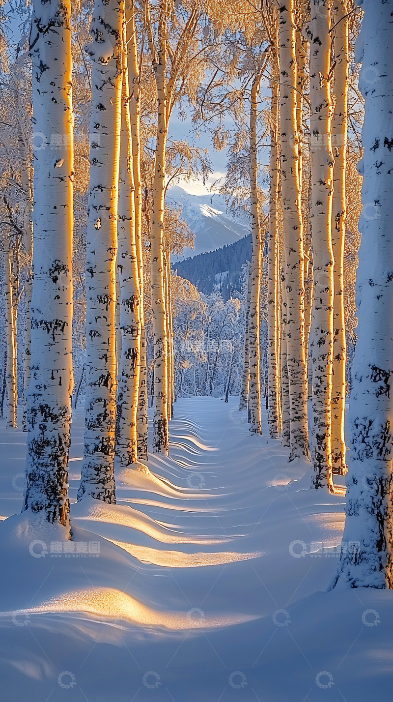 高清大图下载【趣麦麦图】冬日阳光照耀下的白桦林