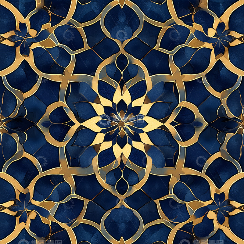 高清大图下载【趣麦麦图】深蓝色金色花卉图案