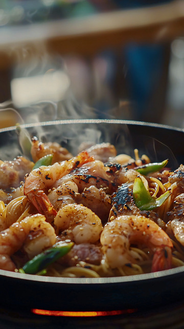 热气腾腾的虾仁炒面