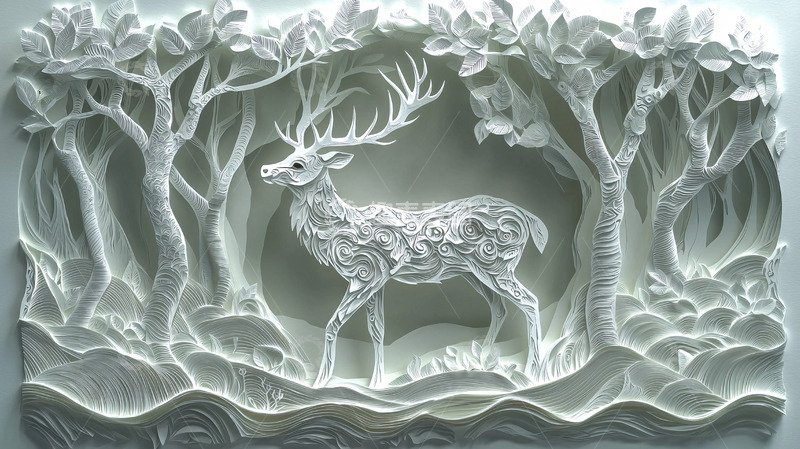 高清大图下载【趣麦麦图】白色森林鹿纸雕