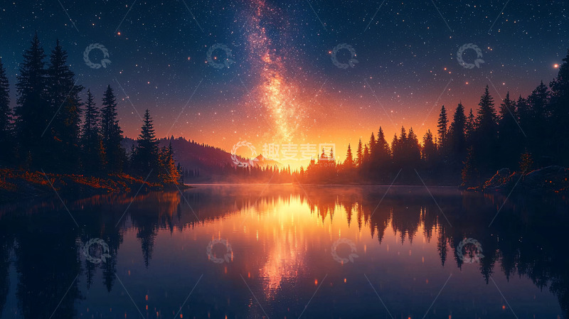 高清大图下载【趣麦麦图】星空湖泊日出