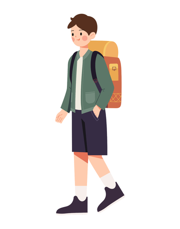 男孩背包旅行扁平风插画