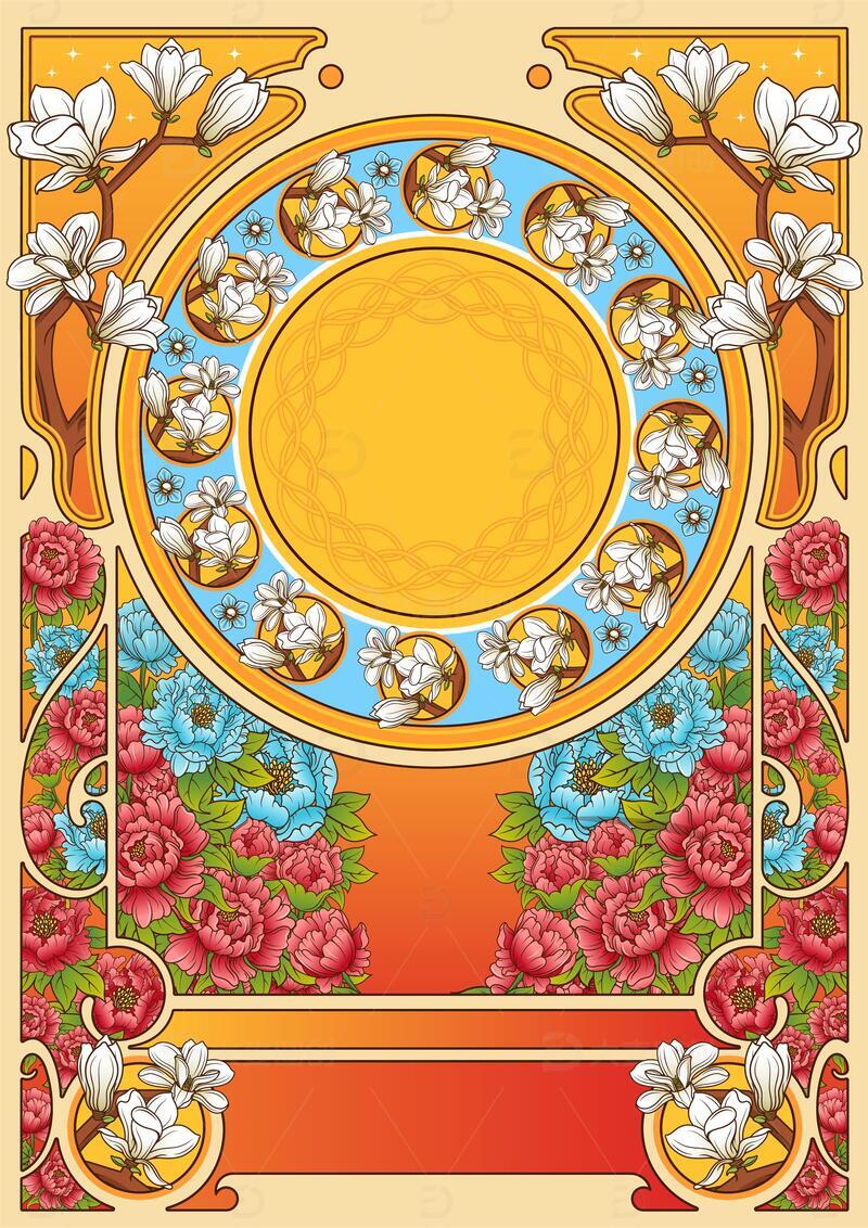 矢量潮流描边鲜花背景穆夏风插画