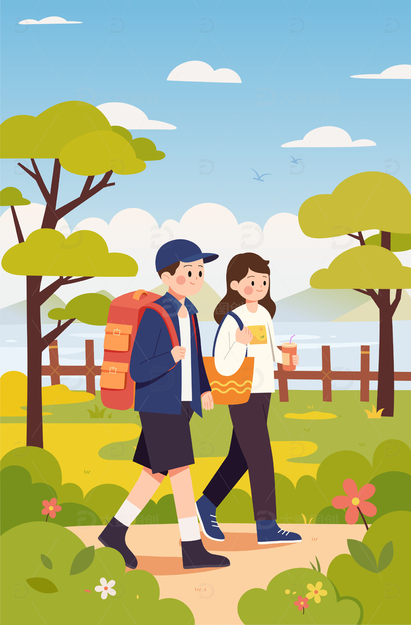 两个人去旅游扁平风插画海报3